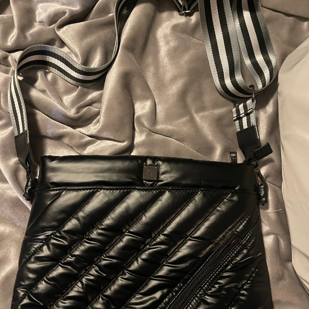 Black Quilted Crossbody Bag with Striped Strap